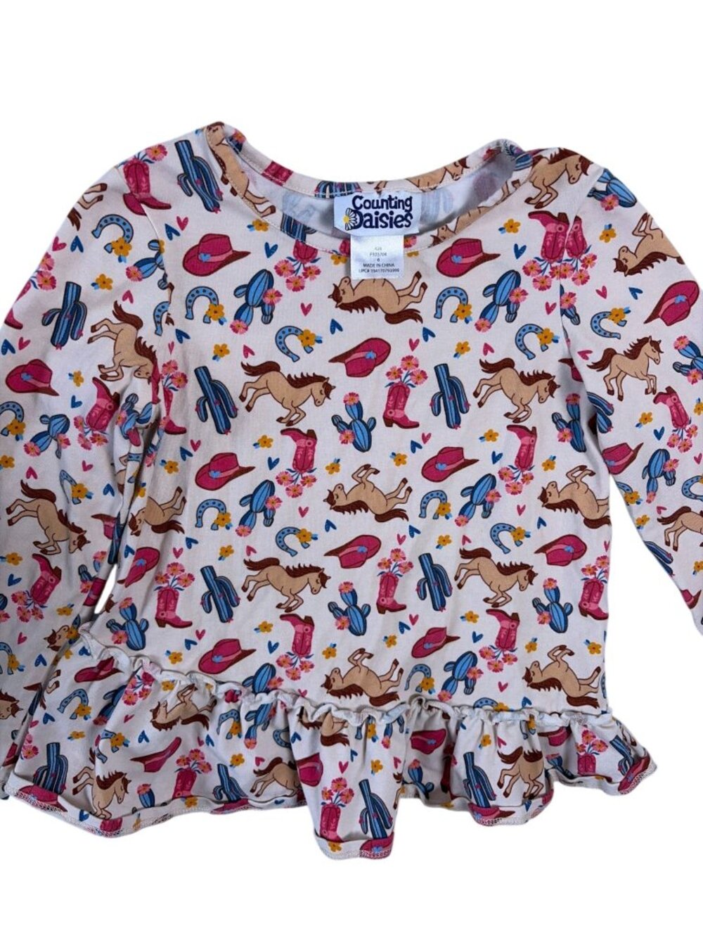 Counting Daisies Girls Long Sleeve Western Print SZ 6 Horses 100% Cotton - Picture 2 of 5